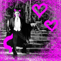 A picture of Bela Lugosi as Dracula, but with bright pink cat ears, whiskers, and a cat tail. It also has a lot of pink airbrushed pixels on the edges.