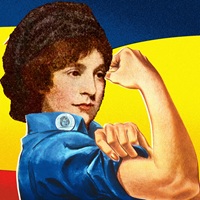 Mary Wollstonecraft's face edited onto Rosie the Riveter.