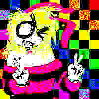 An extremely artefacted drawing of a blonde person with bunny ears making peace sign hand gestures. They are standing in front of a checkered background of rainbow and black squares.